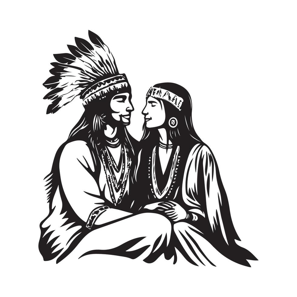 Black and white Native american indian couple. Man and woman characters. stock image isolated on white background. vector
