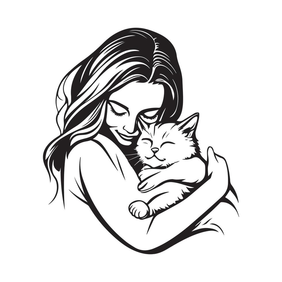 Woman Hugging Cat Images Stock Image isolated on white background vector