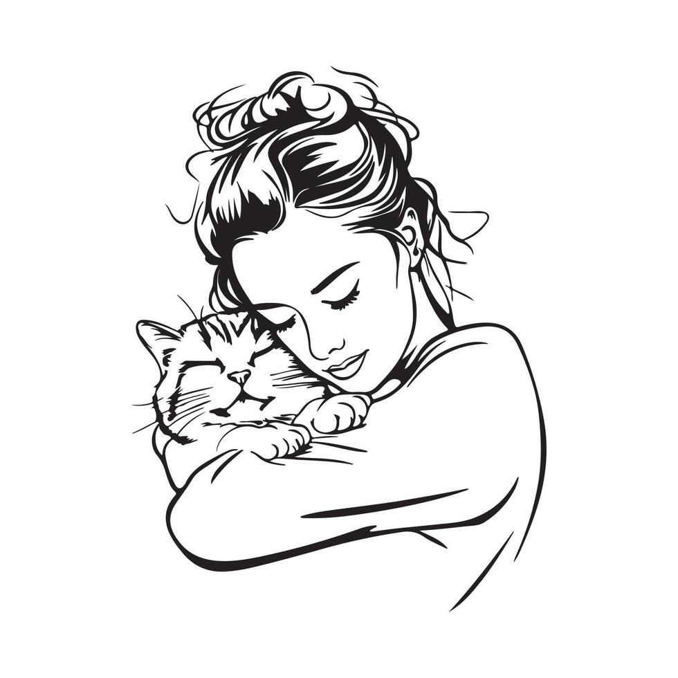Animals Lover, Woman Hugging Cat Images Stock Image isolated on white background vector