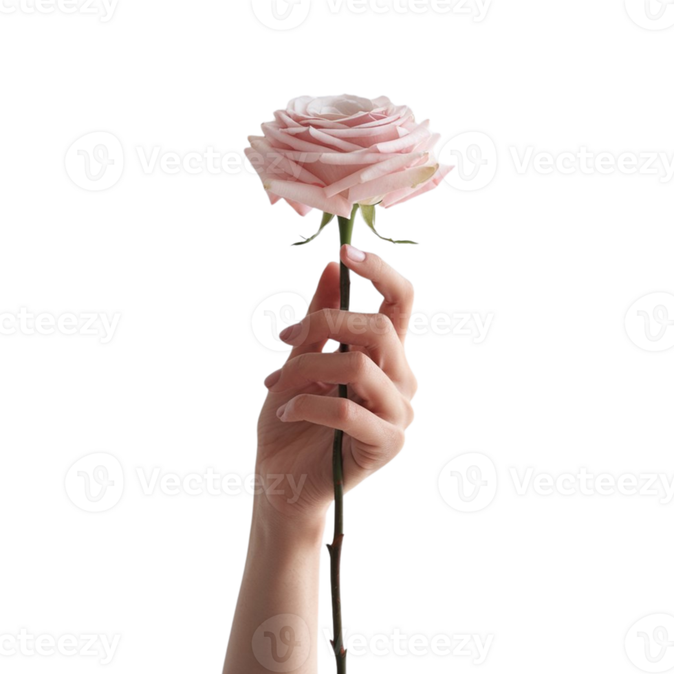 A single rose held by hand, with a far-off background and a clear backdrop png