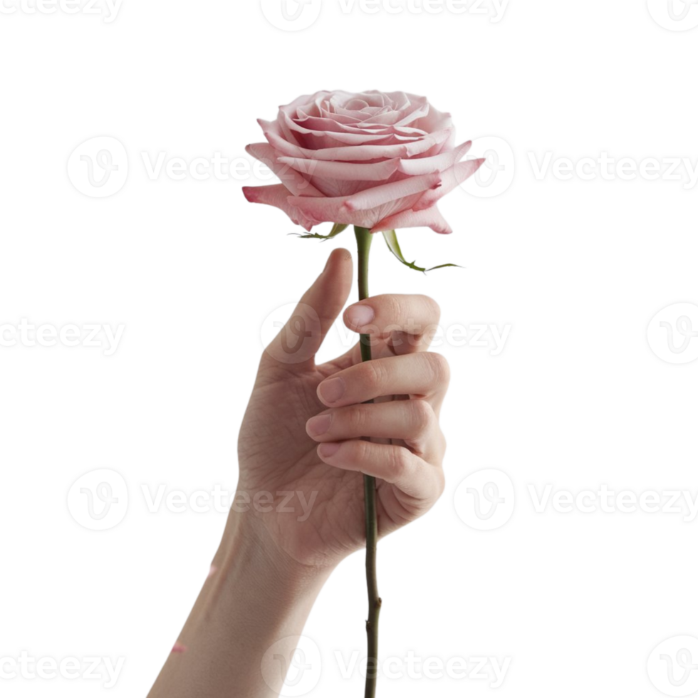 A hand holding a rose flower, with a distant view and a transparent background png