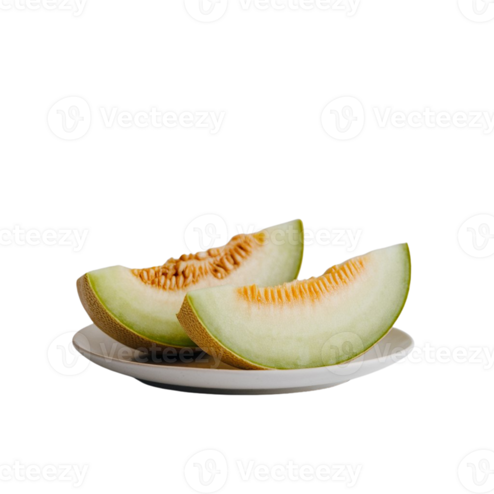 Two melon slices placed artfully on a plate against a transparent background png