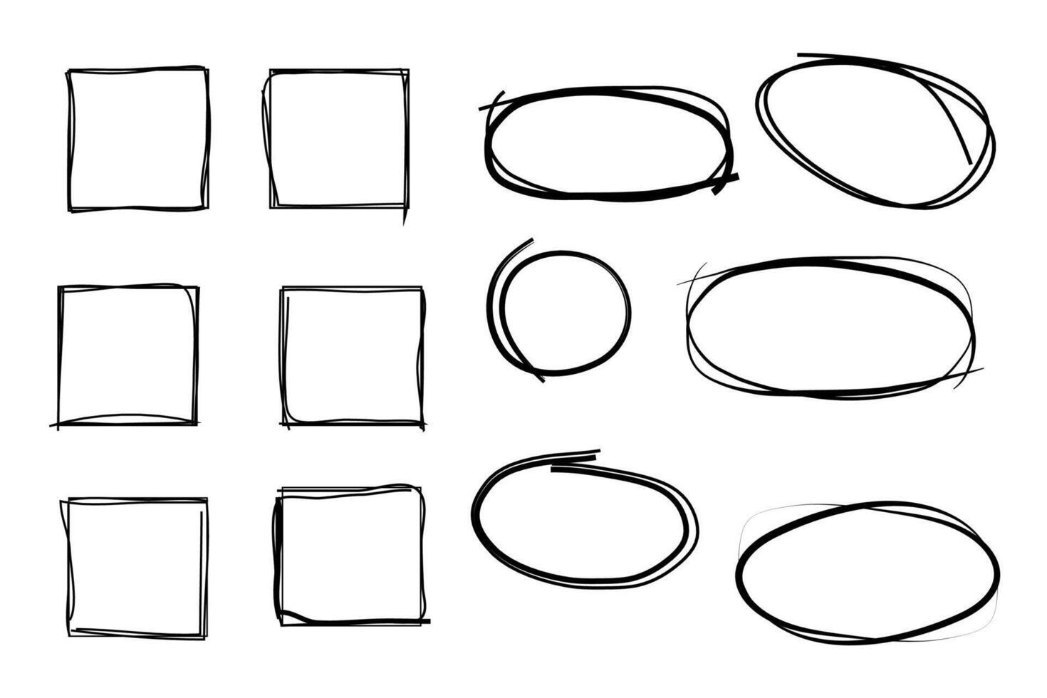Hand drawn square and oval frames line art borders illustration. vector