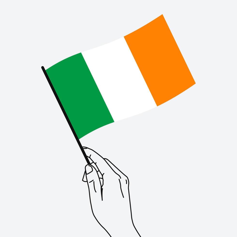 Hand holding Ireland flag in line art drawing style. Ireland hand Flag waving. illustration vector