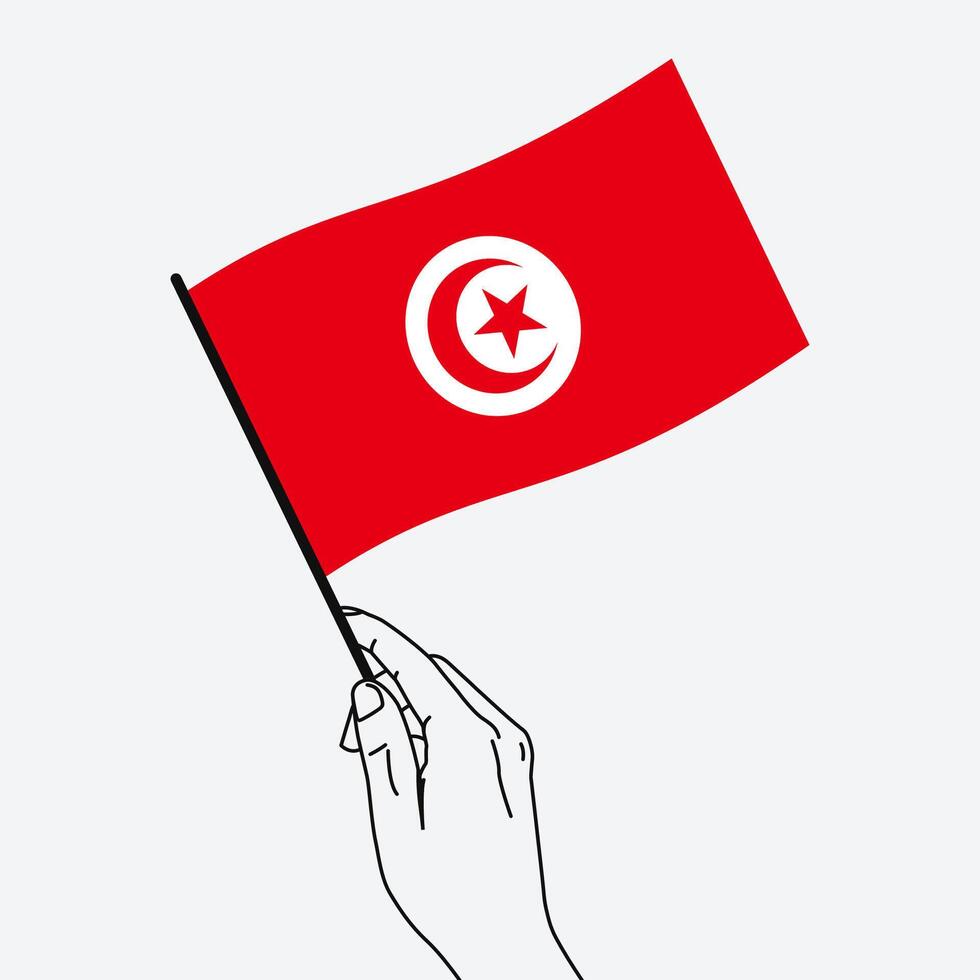 Hand holding Tunisia flag in line art drawing style. Tunisia hand Flag waving. illustration vector