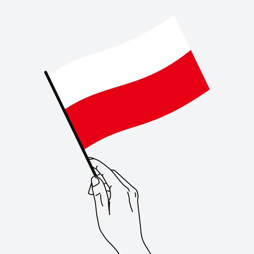 Hand holding Poland flag in line art drawing style. Poland hand Flag waving. illustration vector