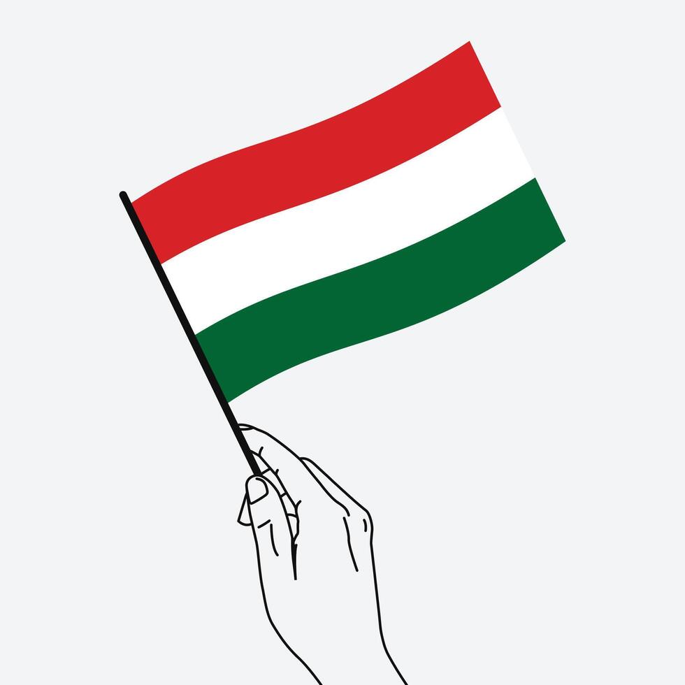 Hand holding Hungary flag in line art drawing style. Hungary hand Flag waving. illustration vector