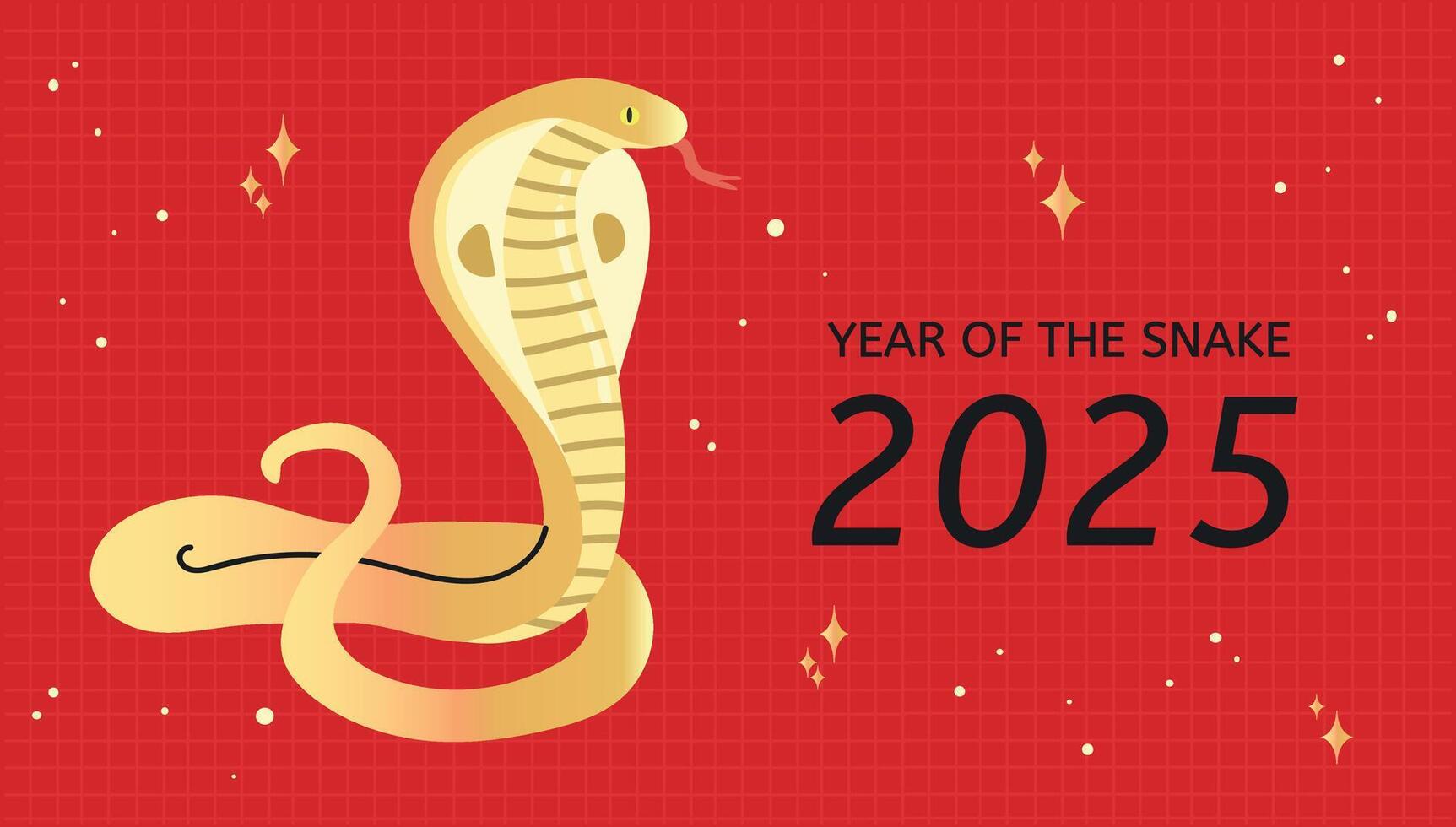 Happy New Year 2025 card poster banner design illustration with golden snake on red background vector