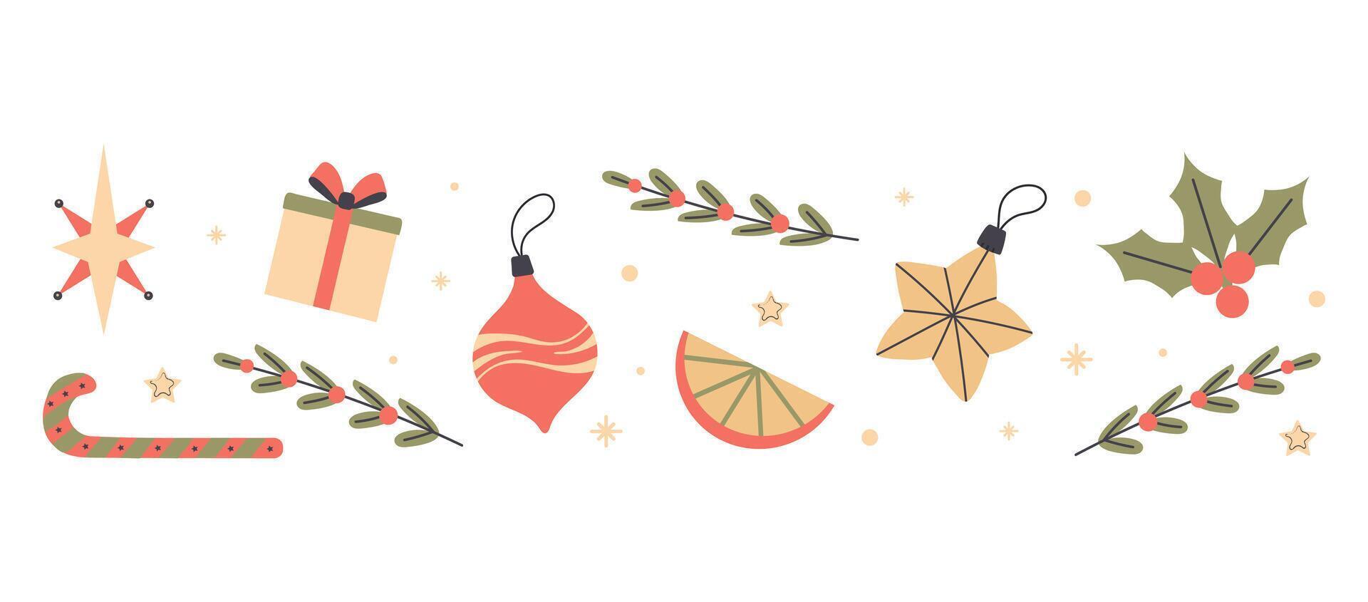 Set collection background of Christmas and New Year elements gift plants stars decorations vector
