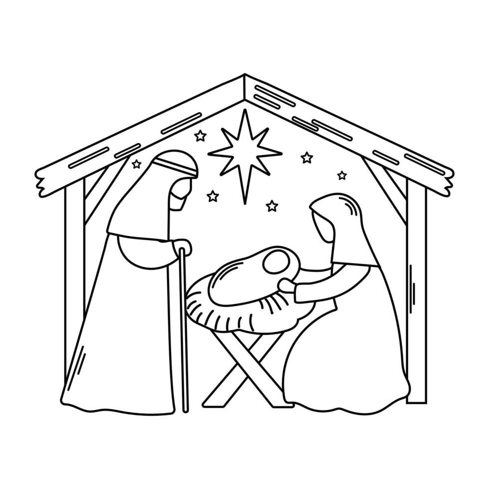 Manger scene Christmas line art vector