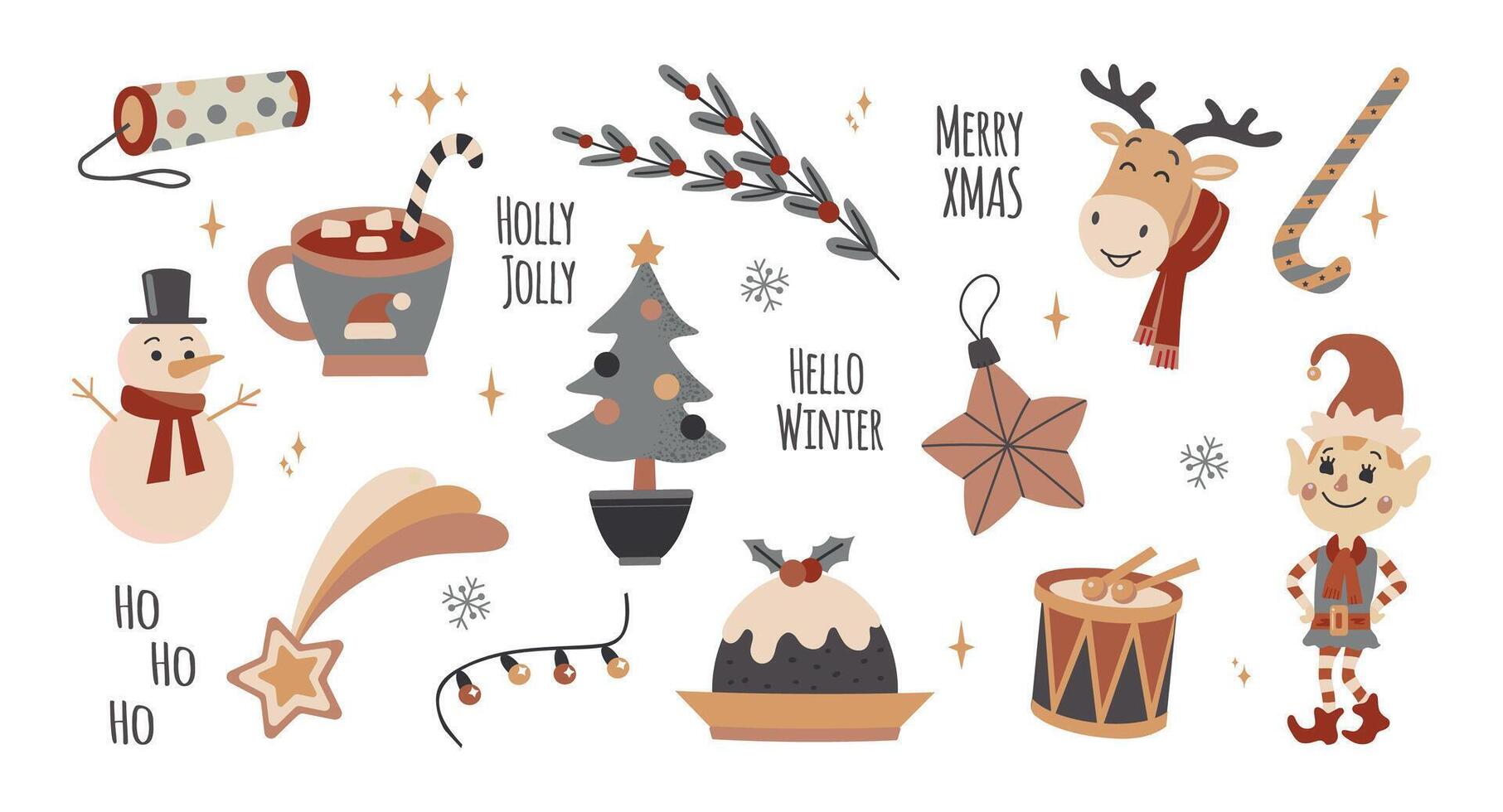 Set collection of Winter Christmas isolated elements. Christmas tree, snowman, elf, decoration, pudding, star, deer. vector
