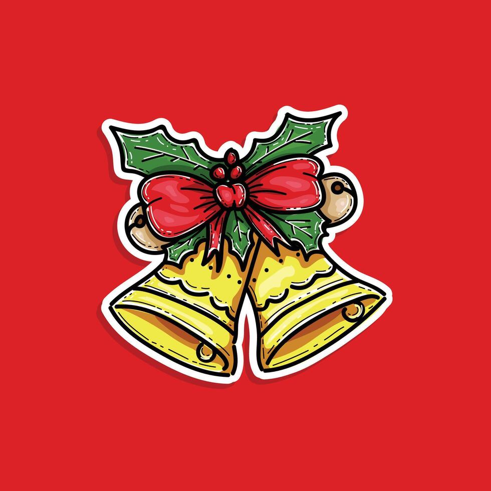 Decorative red ribbon and Christmas shiny golden bells isolated on red. New year background. illustration design sticker style vector