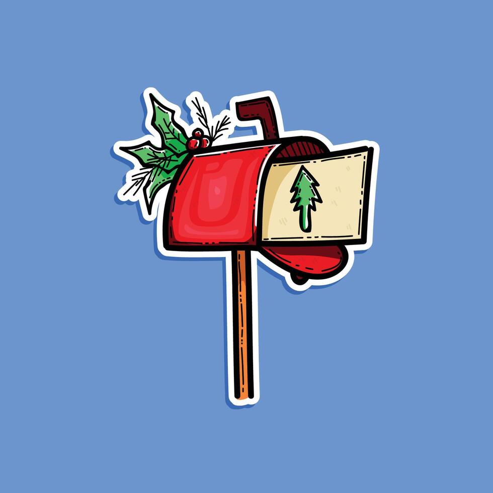 Handdrawn Christmas Red Mailbox with Christmas card illustration design isolated in a blue background. Christmas card, poster, banner in . Vintage mailbox illustration. vector