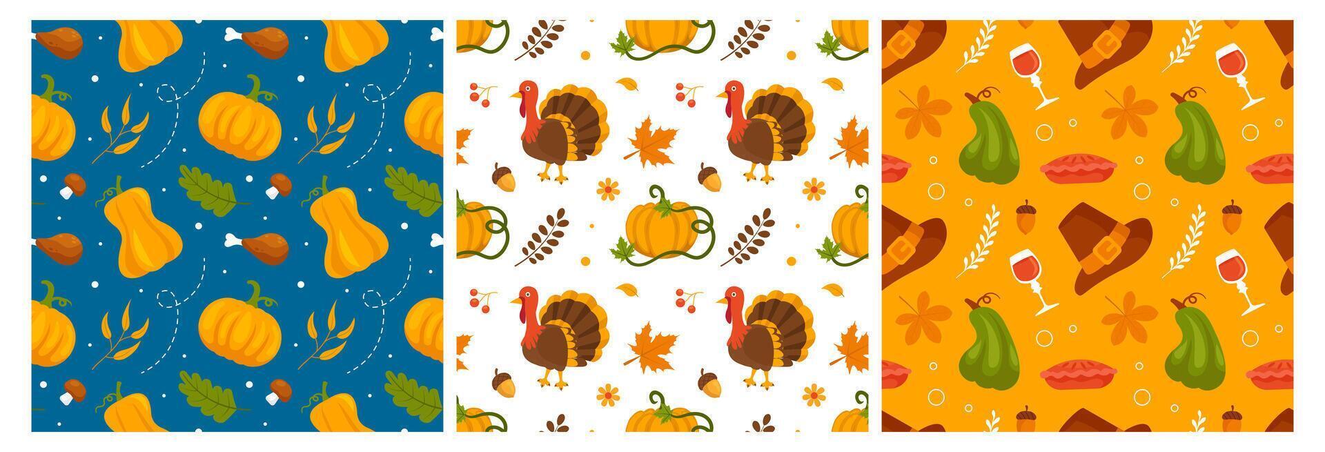 Warm Autumn Thanksgiving Seamless Pattern with Flat Cartoon Elements vector