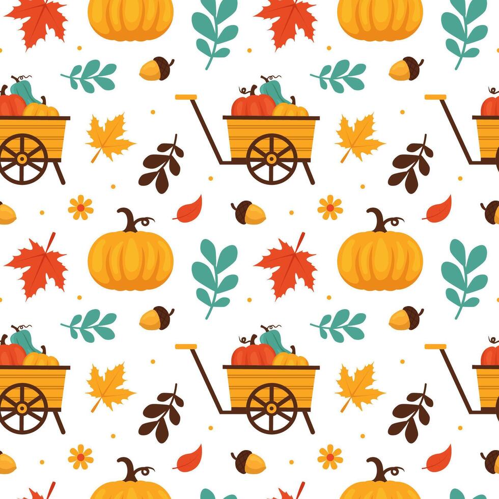 Autumn Leaves and Pumpkins Pattern for Thanksgiving in Flat Cartoon Style vector