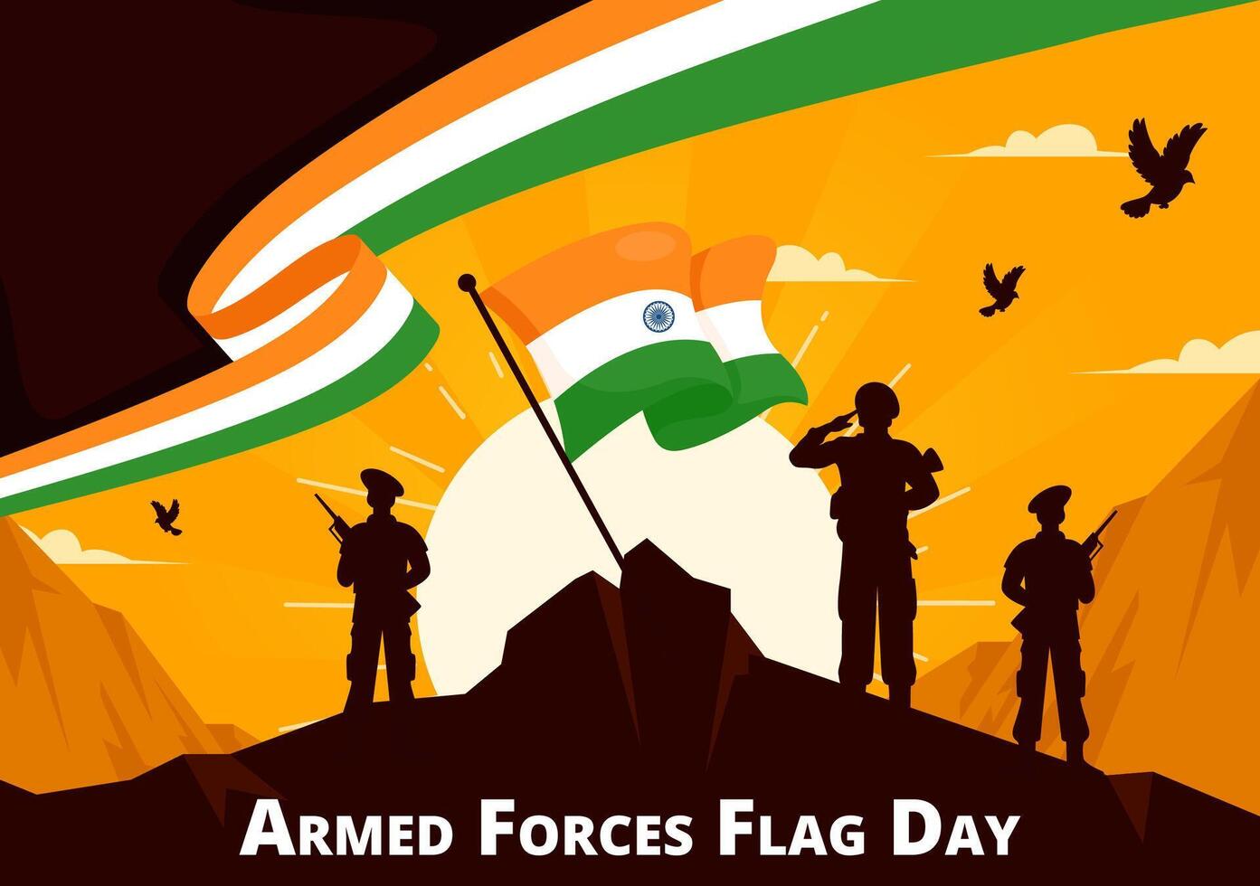 Armed Forces Flag Day Design featuring Indian Soldiers and National Flags in Flat Style Background vector