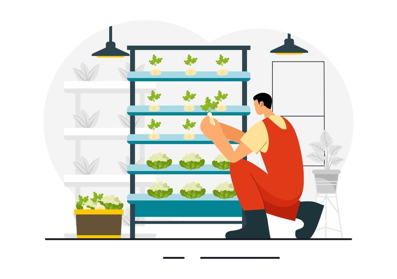 Indoor Farming Technology with Hydroponic Greenhouse and Plants in Cartoon Style vector