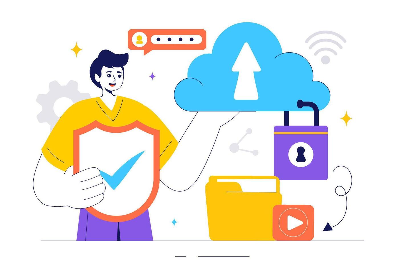 Illustration of Cloud Security for Network, Data Protection, and Internet Safety vector