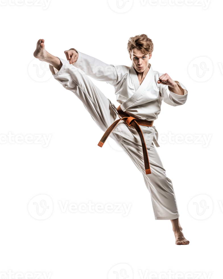 A man in a karate uniform performs a high kick, showcasing his martial arts skills and athleticism. png