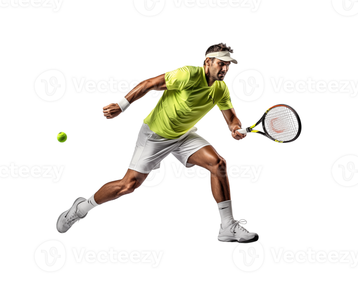 A male tennis athlete prepares to hit a tennis ball with his racket. png