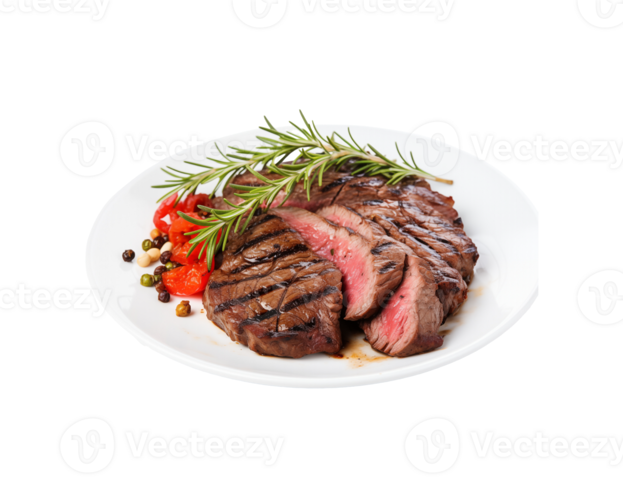 Steak with rosemary and tomatoes on a white plate png