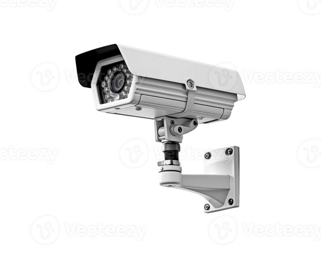 A security camera positioned against a plain white transparent, emphasizing its design and functionality. png