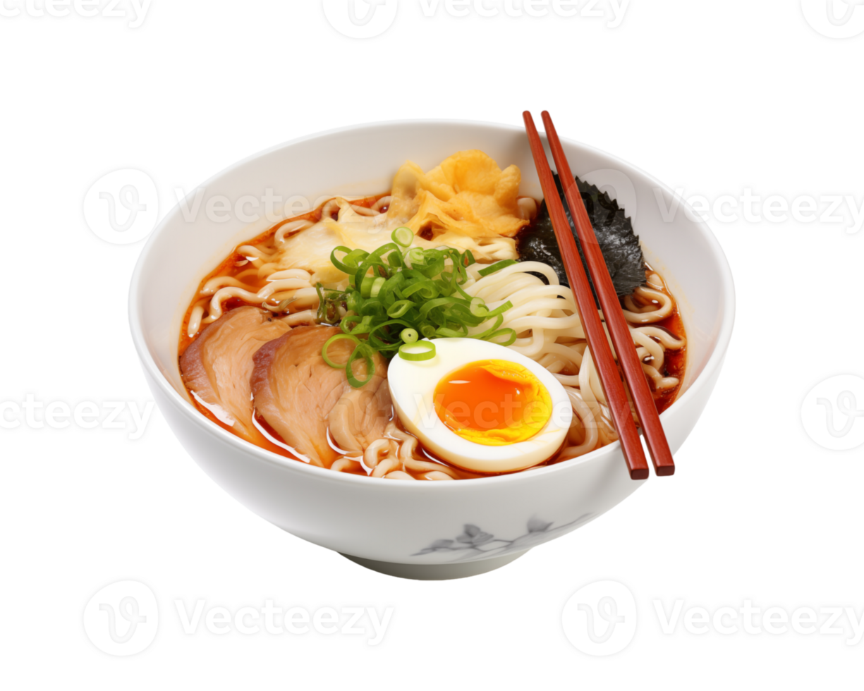 Bowl with ramen noodles, broth, eggs, meat, and chopsticks png