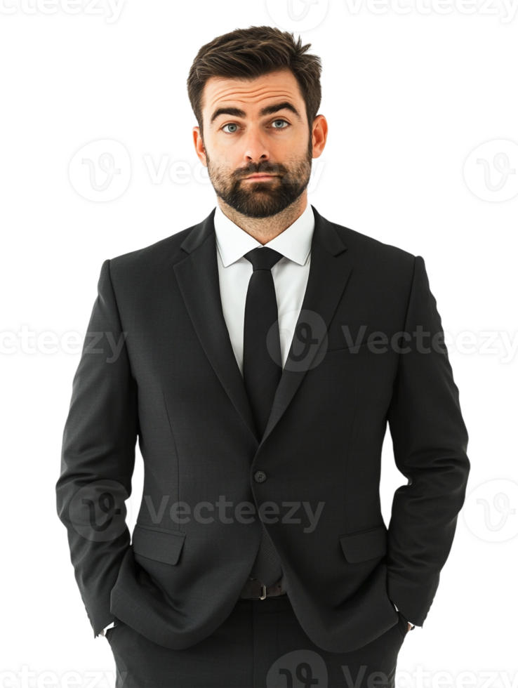 A man in a suit and tie standing with his hands on his hips png