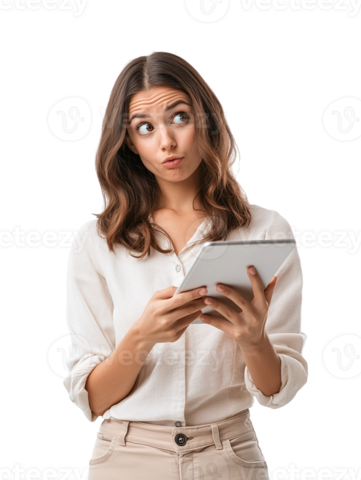 A woman holding a tablet computer looking up png