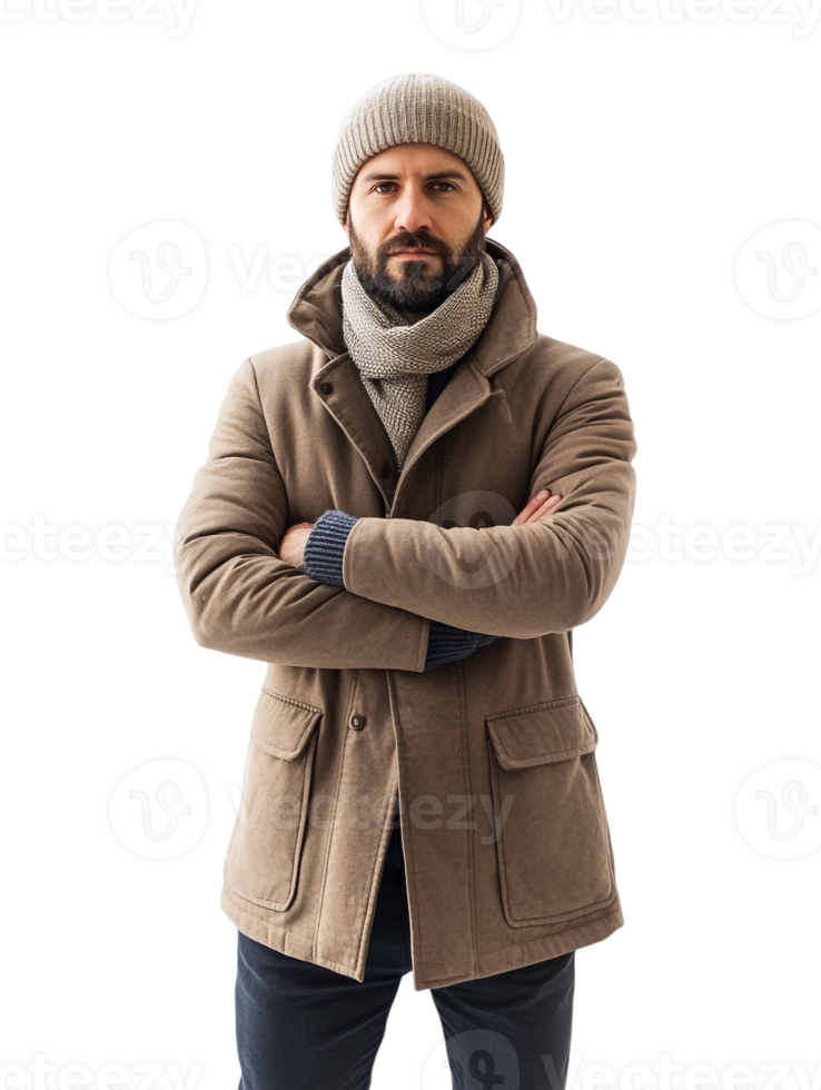 A man in a coat and scarf standing with his arms crossed png
