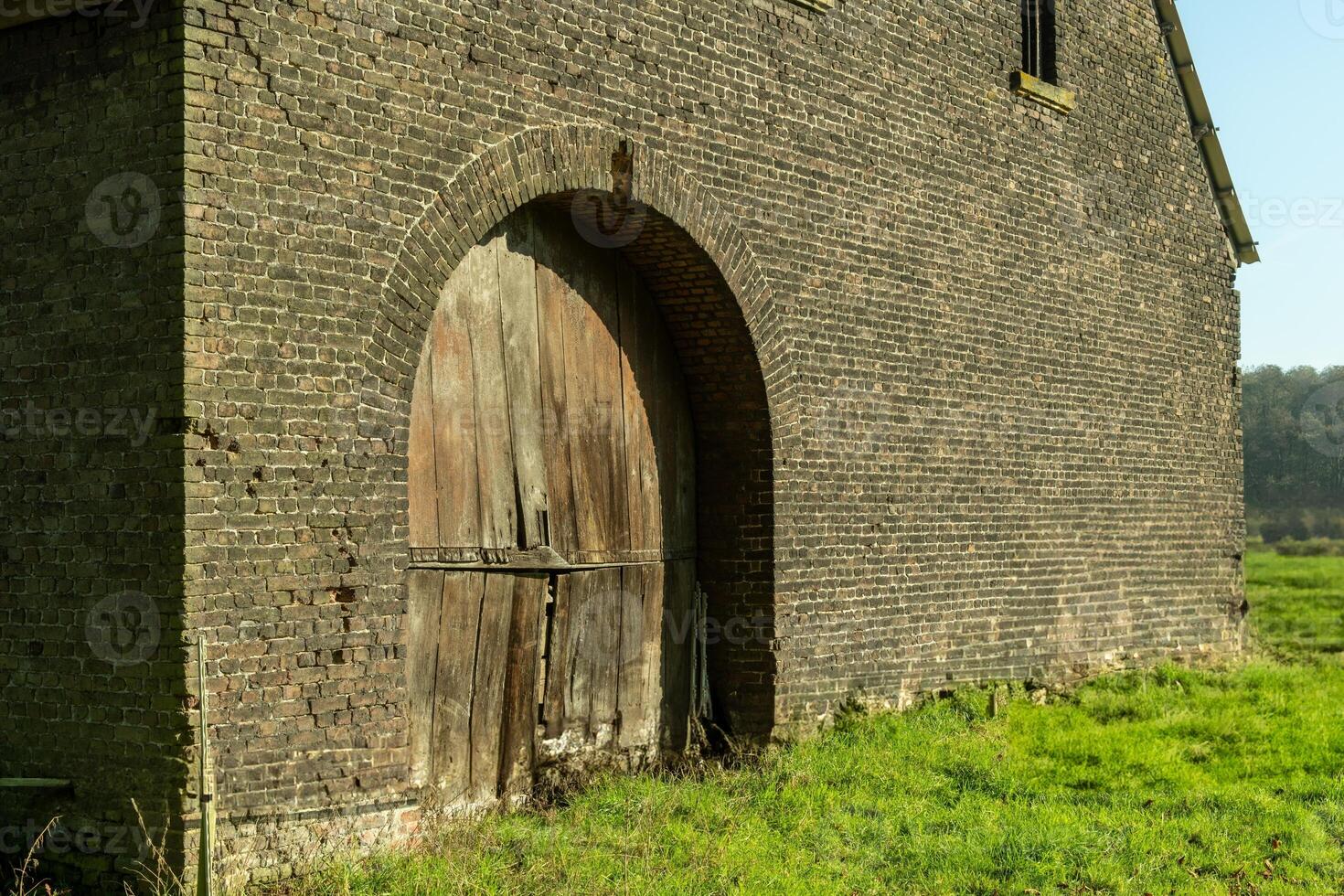 antiguo de madera granero puerta con ladrillo arco en verde campo foto