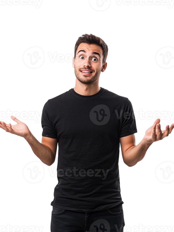 A man is standing with his hands out and looking confused png