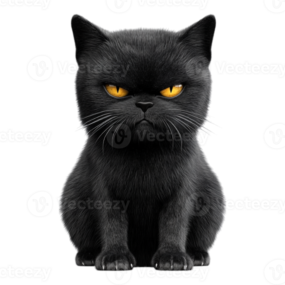 A black cat with yellow eyes sitting down png