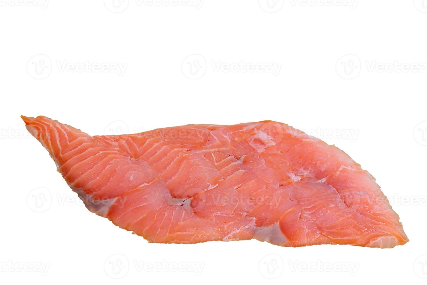 Thin slice of low-salt salmon fillet isolated on white. Red fish, food. photo