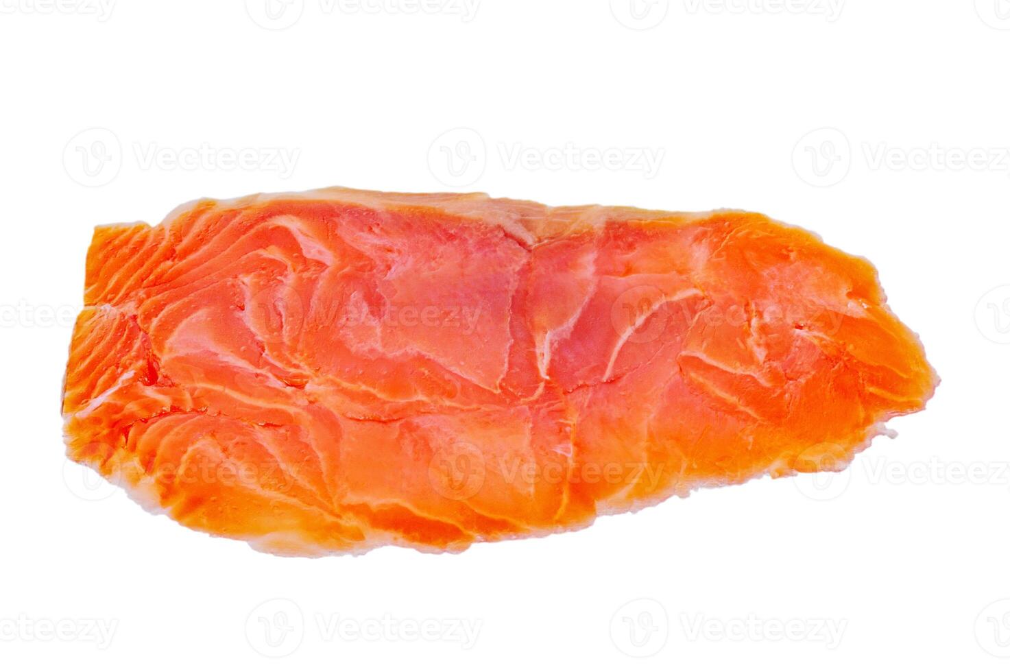 Thin slice of low-salt salmon fillet isolated on white. Red fish, food. photo
