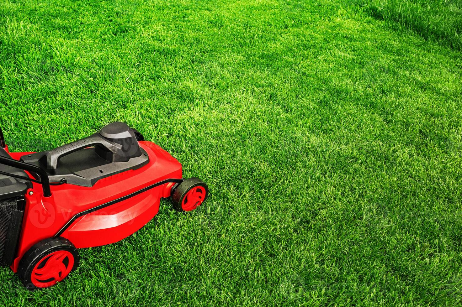 Red lawnmower on the lawn photo