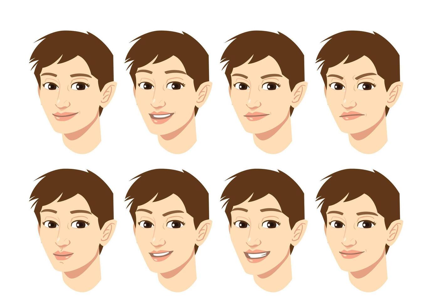Young woman head with multiple facial expression vector