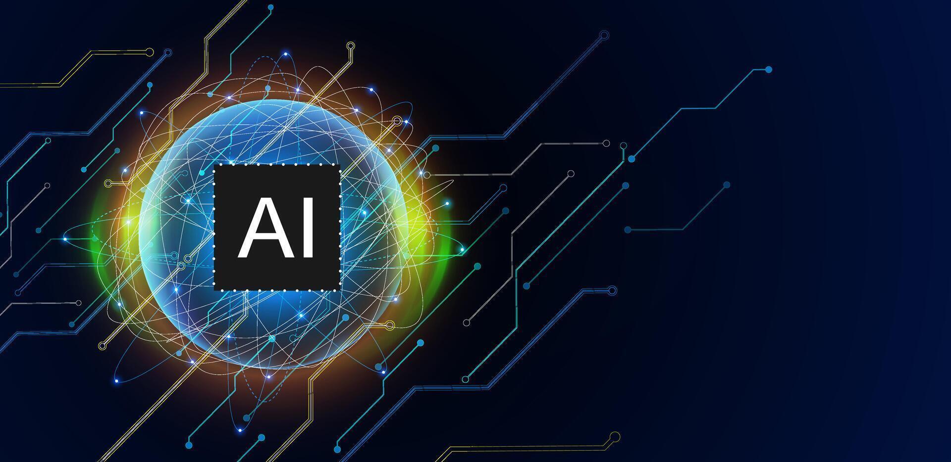 Artificial intelligence logo. AI icon in futuristic globe and circuit board quantum technology background. vector