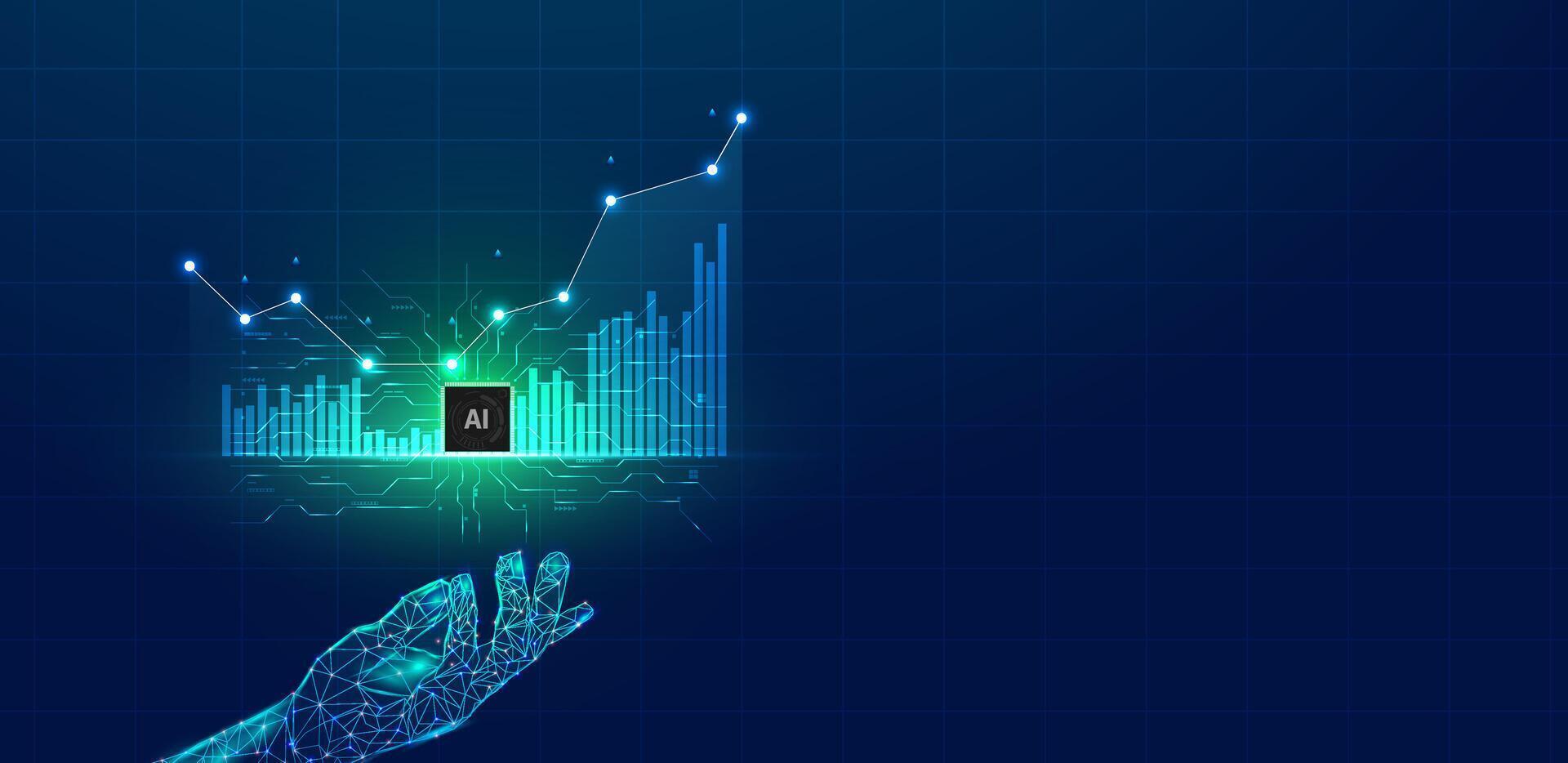 Ai investment. Digital hand connecting line and dot with profit chart using Artificial intelligence. Trading automation vector