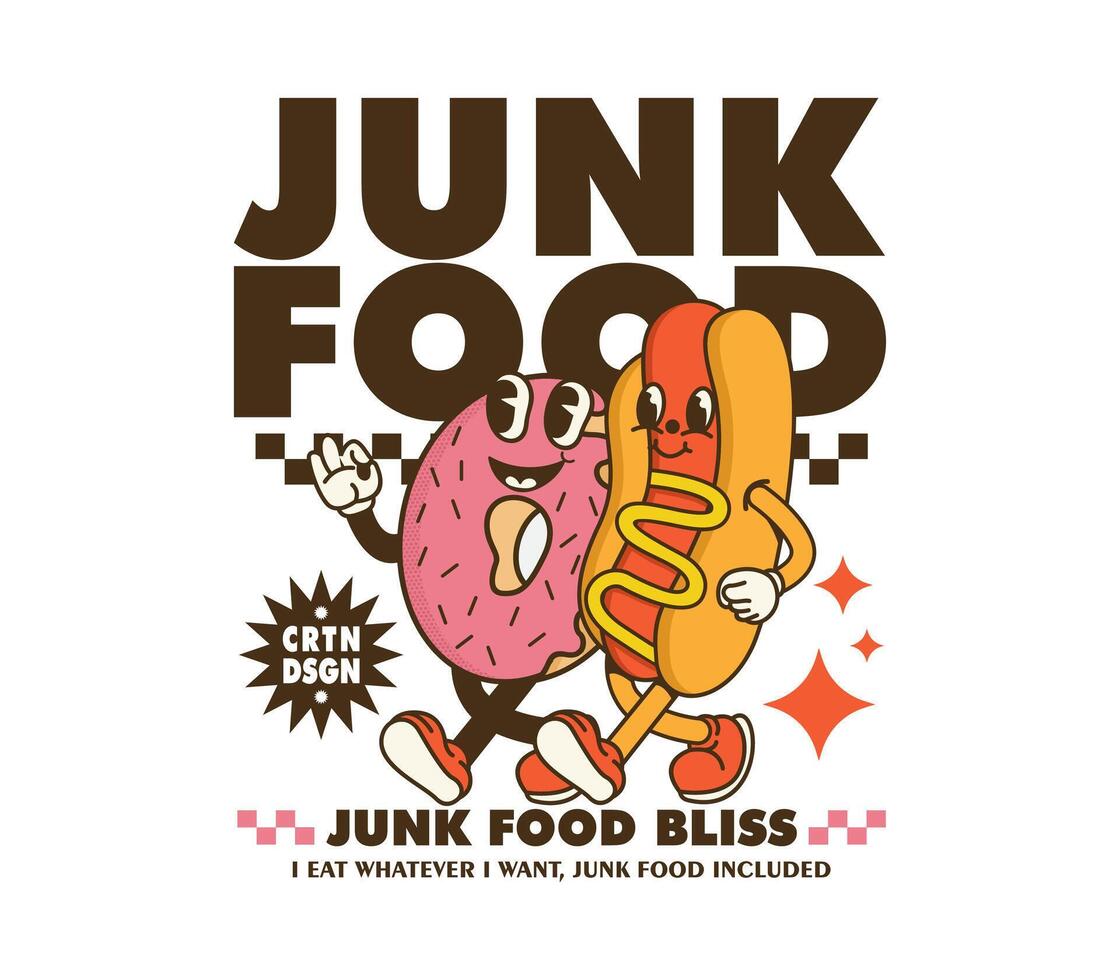 Hot dog and donut vintage mascot cartoon character illustration for Logo, Mascot, Merchandise, T-Shirt, Stickers, etc. vector