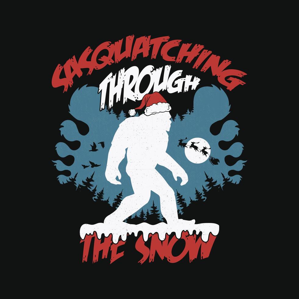 Sasquatching Through The Snow - Footprint Of Bigfoot Sasquatch Christmas T-Shirt Design. vector