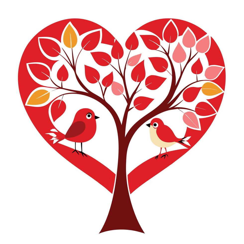 two birds on a tree in a heart shape vector