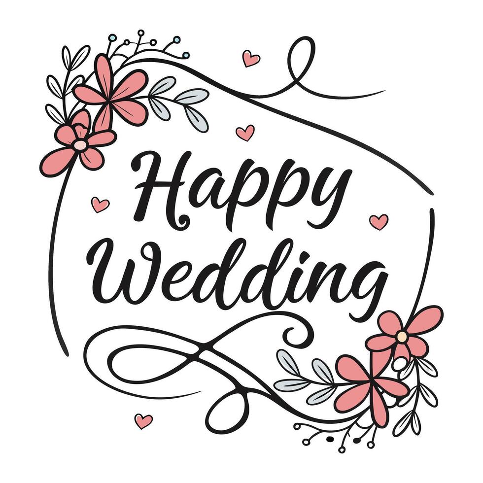 happy wedding lettering with flowers and hearts vector