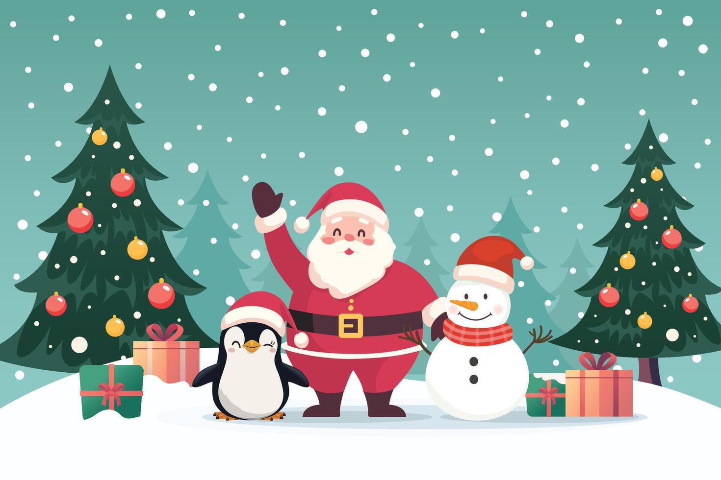 Papa Noel claus con monigote de nieve y pingüino en nieve campo con Navidad arboles vector