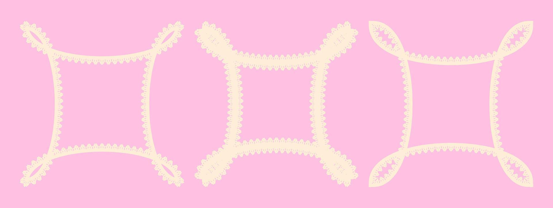 Three decorative frames on pink background. Intricate lace-like pattern on edges. Symmetrical and delicate design. Feminine and romantic aesthetic. Vintage-inspired with soft elegance. vector