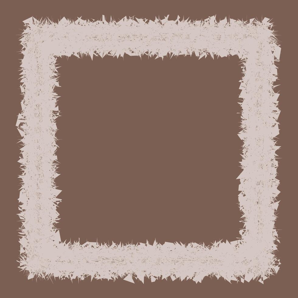 Square frame with textured, grunge border. Jagged, irregular shapes along the edges. Distressed and rough appearance. Light frame color on dark background. High-contrast visual effect. vector