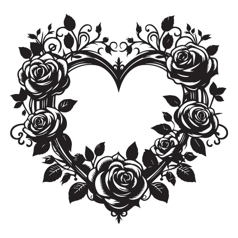 a black and white heart with roses on it vector