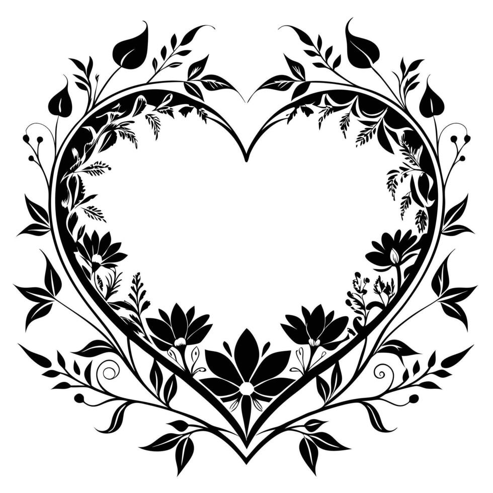 a black and white heart with flowers and leaves vector