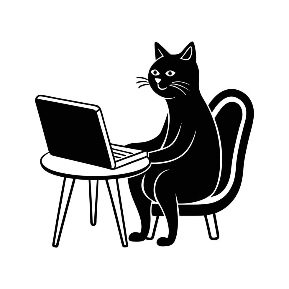 black and white illustration of a cat sitting at a table with a laptop vector