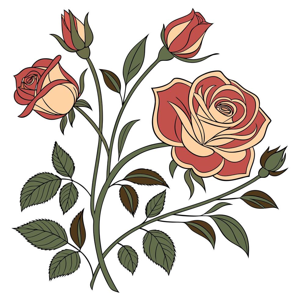 a drawing of roses with leaves and stems vector